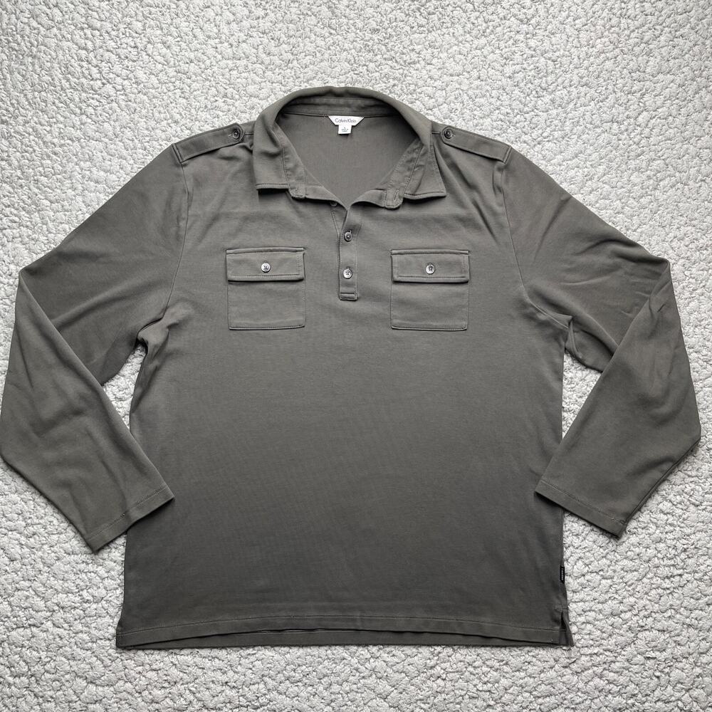 Calvin Klein Tops Shirt Women's Large Long Sleeve Pockets Brown Polo Flap Pocket